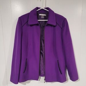 Peter Nygard Amazing Vibrant Purple Women's 60% Wool Zip Up Blazer, Black Trim